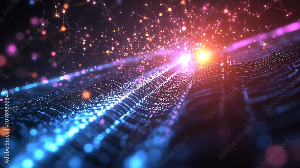 Poster quantum computer entanglement symbolizing the quantum internet concept with glowing particles and li