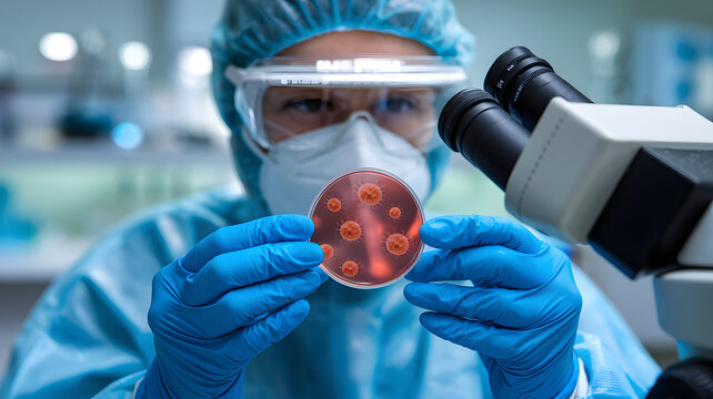 Medical professional in protective gear examines avian flu virus cells under microscope, focusing on virus study and scientific research.