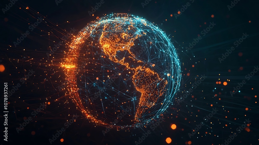 Poster glowing global quantum internet concept with connected nodes and light strands across continents
