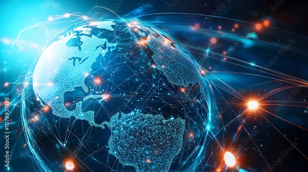Poster interconnected digital globe showcasing quantum internet network and connectivity