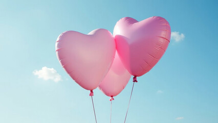 Pink balloons in the form of hearts on a blue sky background. Greeting card, banner for Valentine's Day.