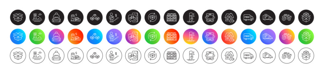 Truck parking, Bike app and Lighthouse line icons. Round icon gradient buttons. Pack of Open box, Storage, Home charging icon. Tractor, Return parcel, Free delivery pictogram. Vector