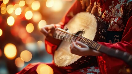 Fototapeta premium Asian musician enchants audience while playing traditional instrument with grace