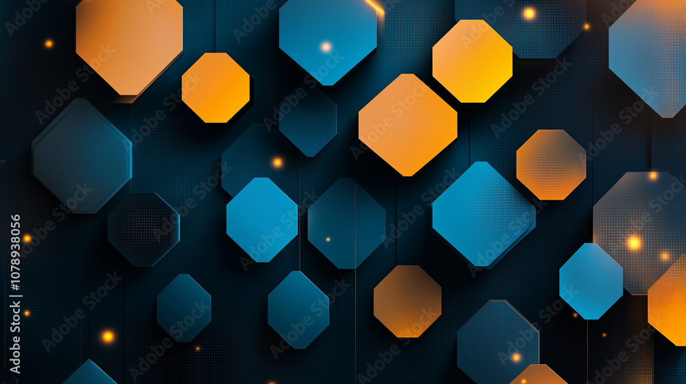 Poster abstract geometric shapes with blue and orange hues against a dark background create a vibrant visua
