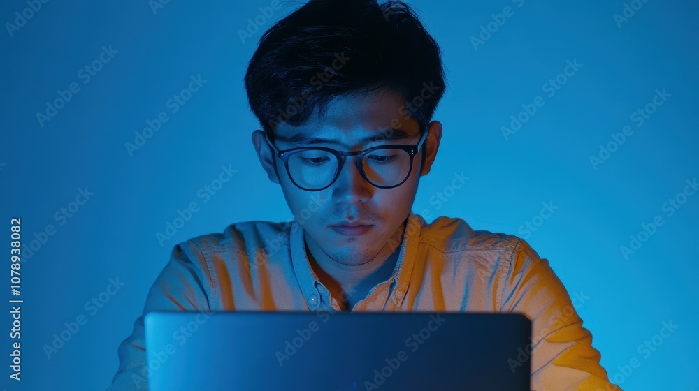 Poster asian software engineer focused on coding with laptop against a blue background