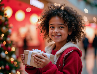 Criança menina negra feliz de papai noel natal