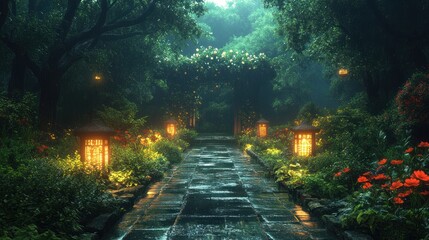 Obraz premium Serene garden pathway illuminated by lanterns amidst lush greenery.
