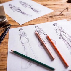 details of fashion sketches on the table