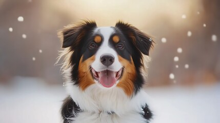 A black, brown, and white dog smiles while snow falls around it