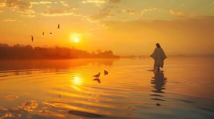Jesus walking on a calm lake at dusk, golden light reflecting on the water, serene expression, birds flying peacefully in the soft evening sky,