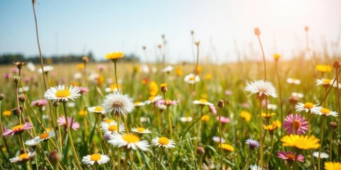 A scenic field filled with fluffy dandelions against a clear blue sky, flowers, growth, bright