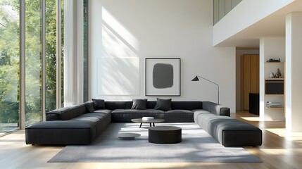 Fototapeta premium Beautiful Modern Living room Interior with furniture's ,mockup frame , posters, wall -3d Rendering