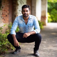Obraz premium indian young male model wearing blue jeans in casual clothing posing at the camera with a blurred city background.