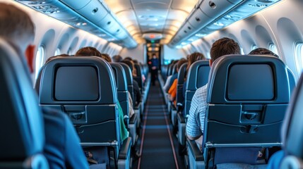 Fototapeta premium Explore the comfort and convenience of air travel a scenic view down the aisle of an airplane