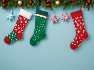 wallpaper with small colorful Christmas socks hanging. In the background a decorated fir branch. The scene creates a Christmas atmosphere