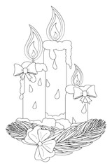 Festive Christmas candles with pine branches in a simple black and white style, ideal for holiday coloring pages and seasonal decorations.