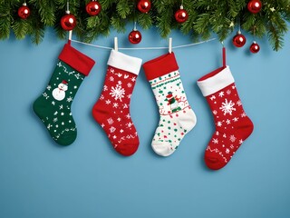 wallpaper with small colorful Christmas socks hanging. In the background a decorated fir branch. The scene creates a Christmas atmosphere