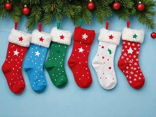 wallpaper with small colorful Christmas socks hanging. In the background a decorated fir branch. The scene creates a Christmas atmosphere