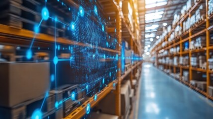 Warehouse with digital network overlay.