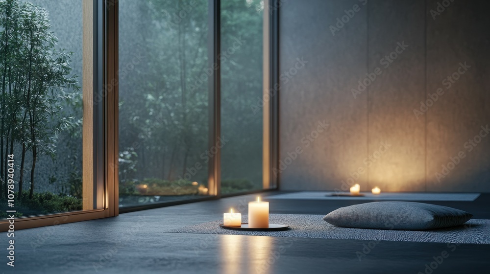 Poster create a tranquil atmosphere with soft soothing candles in a minimalist room