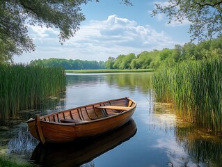 Obraz premium Wooden Rowboat on a Calm Lake - Photo