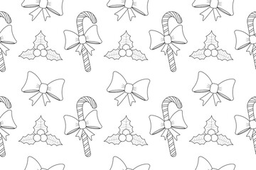 Festive Christmas candy cane and holly seamless pattern in black and white, perfect for holiday coloring pages and seasonal designs.