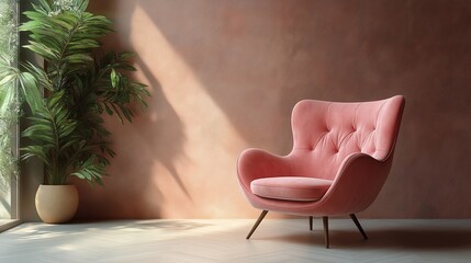 Pink armchair in a spacious room. Home interior.Modern living room.	