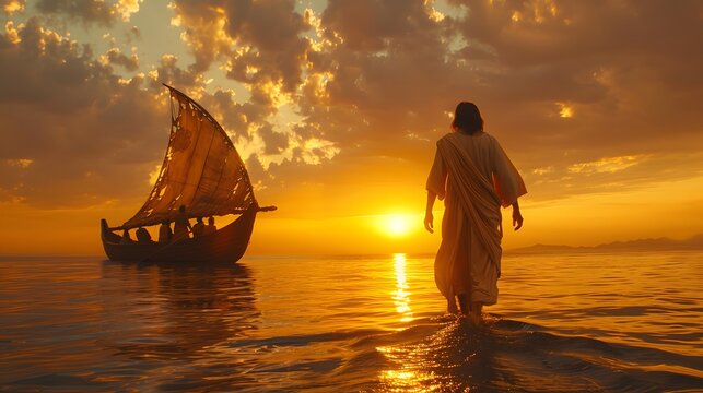 Jesus walking toward a small boat of disciples on a calm sea, surrounded by a warm golden light, his serene expression evoking peace and trust,