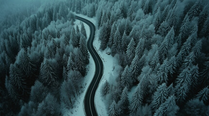 Winding road through frosted evergreens in a serene winter landscape during a cloudy day