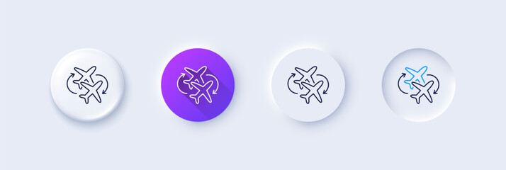 Connecting flight line icon. Neumorphic, Purple gradient, 3d pin buttons. Change airplane sign. Airport symbol. Line icons. Neumorphic buttons with outline signs. Vector © blankstock