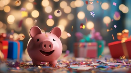 Obraz premium A vibrant piggy bank smiles in the foreground, while colorful confetti cascades down.