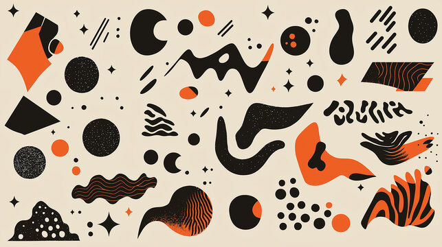 Abstract geometric patterns with black and orange shapes on a light background for creative design inspiration