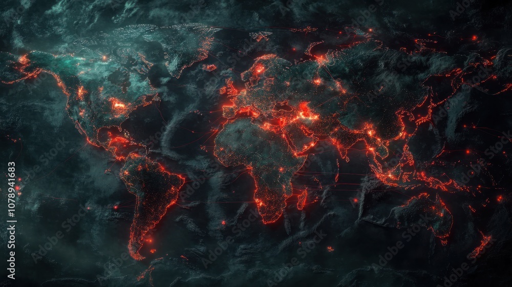 Poster a stylized world map illuminated with red points, suggesting data or connectivity.