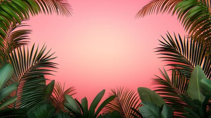 Obraz premium A Serene Tropical Sunset with Lush Banana Trees and Palms Framing the Soft Pink Horizon. Banana, Tropical, Organic Concept