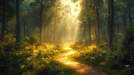 Obraz premium Serene forest path illuminated by golden sunlight.