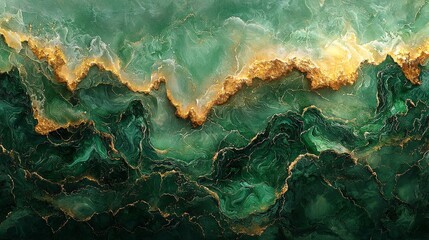 Abstract green and gold marbled texture resembling natural landscapes.
