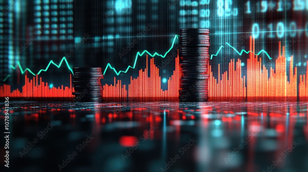 Poster a glowing red and green stock market graph rises and falls in the background with black coins stacke