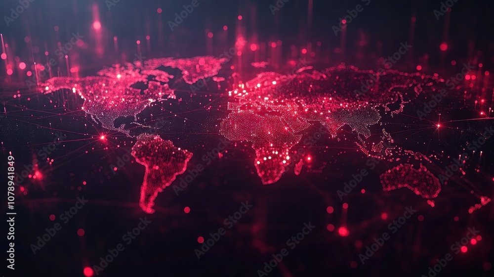 Poster a glowing red world map with lines connecting continents.