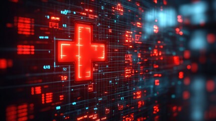 A glowing red cross symbol on a digital background, representing healthcare technology.