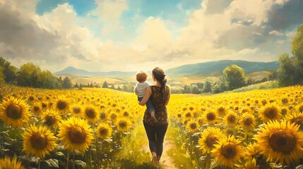 Fototapeta premium A mother carrying her child while walking through a sunflower field, both enjoying the beauty of nature around them