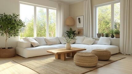 Fototapeta premium Bright, airy living room with a white sectional sofa, natural wooden coffee table, beige rug, and potted plants. Neutral beige walls complete the calm decor.