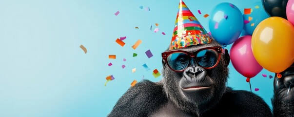Happy Birthday Celebration, Gorilla Ape with Glasses and Party Hat, Balloons and Confetti, Animal Birthday Series, Party time invitation