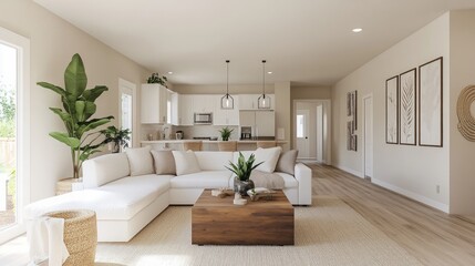 Fototapeta premium Bright, airy living room with a white sectional sofa, natural wooden coffee table, beige rug, and potted plants. Neutral beige walls complete the calm decor.