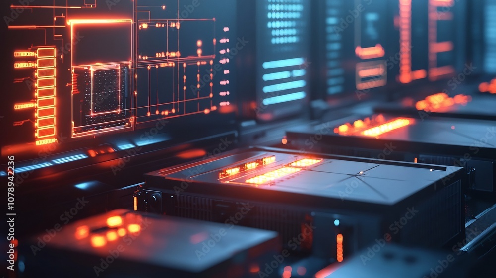 Poster futuristic power storage facility with smart grid interface showcasing real time energy data and eff