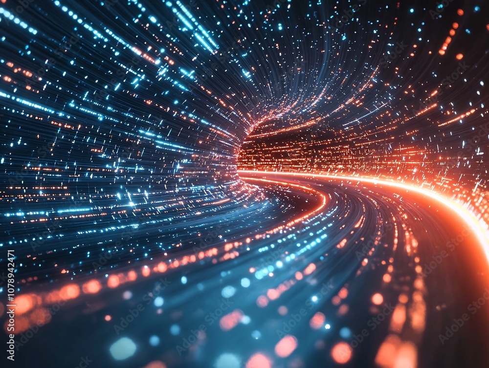 Poster glowing quantum internet data stream tunneling through space time representing faster than light com