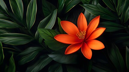 Obraz premium A Stunning Orange Flower Amidst Lush Green Leaves in a Tropical Paradise Setting. Banana, Tropical, Organic Concept