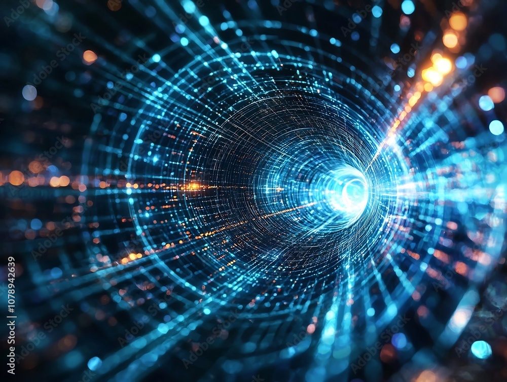 Poster glowing quantum internet data stream tunneling through space time visualization
