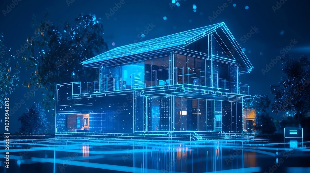 Poster futuristic quantum enabled home showcasing interconnected smart devices and ultra fast networking