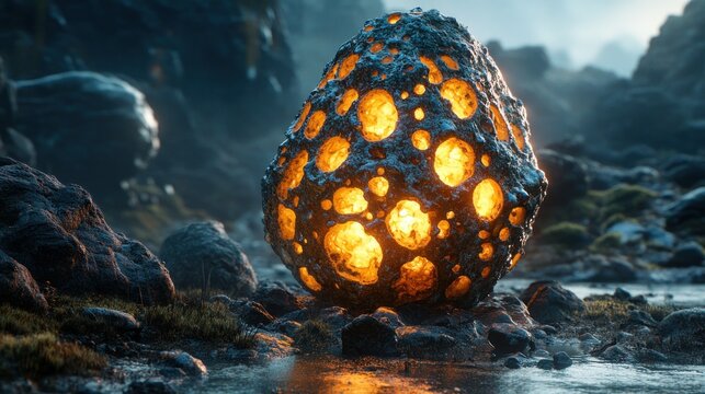 A glowing, stone egg rests on rocks near a stream in a mystical, otherworldly landscape.
