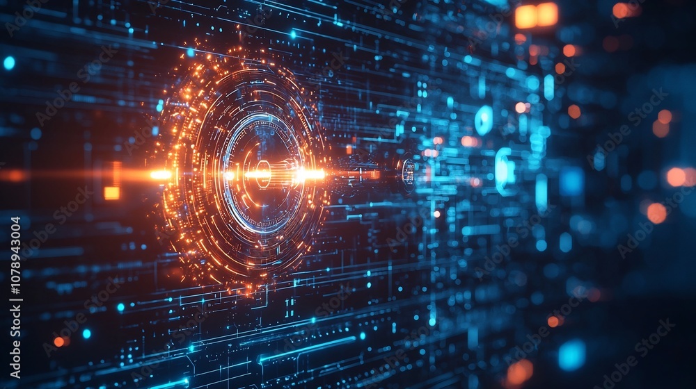 Poster glowing quantum key distribution system monitored on digital interface for secure communication